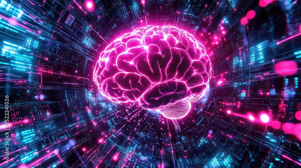 Poster futuristic representation of a glowing brain interconnected with digital data streams, symbolizing a