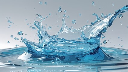 High Resolution Water Splash Photo with Crown Shape on Reflective Surface and Soft Blue Background