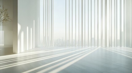 Fototapeta premium Bright and Modern Interior Space with Vertical Blinds, Soft Light and Cityscape View through Large Windows, Ideal for Contemporary Design and Architecture Concepts