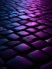 A cobblestone street illuminated with neon purple and blue lights creating a vibrant and modern look