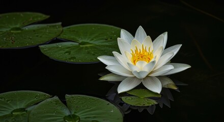 Water Lily Blooming in Pond with Lily Pads