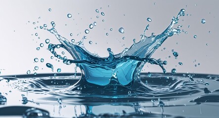 High Resolution Water Splash Photo with Crown Shape on Reflective Surface and Soft Blue Background