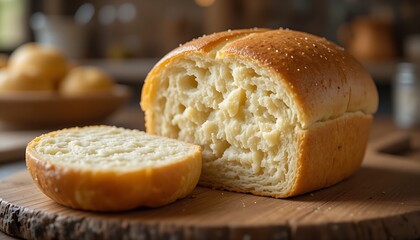 Freshly baked potato bread roll with a golden, tender crust, cut open to reveal a moist, fluffy interior. The bread has a soft and pillowy texture inside