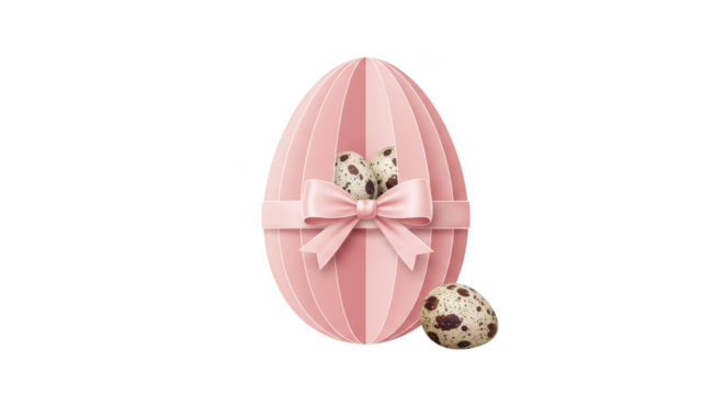 Illustration of Quail Eggs with Pink Bow in Pink Paper Easter Egg