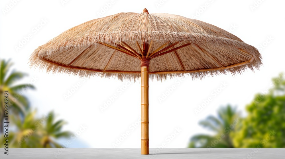 Poster bamboo umbrella is standing in front of a palm tree. the umbrella is open and the palm tree is in th