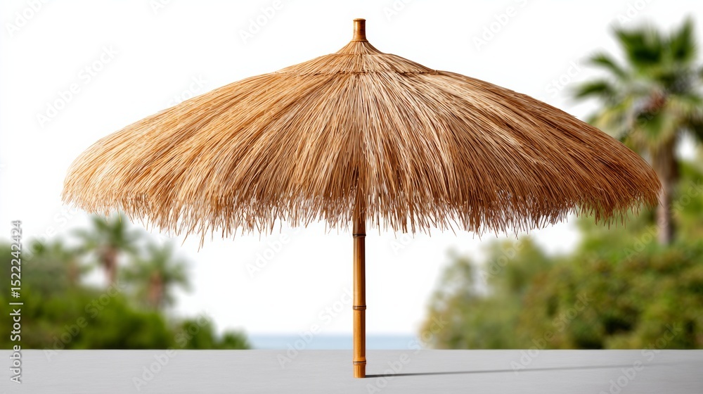 Poster large umbrella with a brown canopy is sitting on a white surface. the umbrella is open and is provid