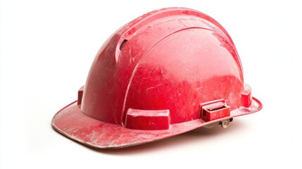 Fototapeta premium A red hard hat with dirt and grime on it, isolated on a white background.