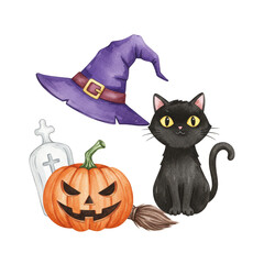 Illustration of Black Cat Pumpkin Witch Hat Tombstone And Broom Halloween