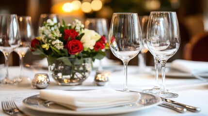 A meticulously arranged dining table with a vase of flowers, wine glasses, and neatly folded napkins.