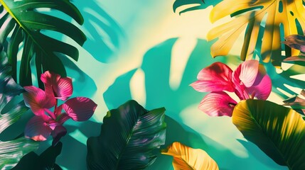Naklejka premium Vibrant Tropical Leaves and Colorful Flowers Creating a Lush, Exotic Background with Shadows and Bold Colors for Nature Inspired Designs and Projects