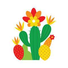 Colorful cactus illustration with flowers and prickly pear fruit