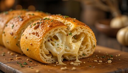 Freshly baked cheesy garlic bread roll with a golden, bubbly crust, cut open to reveal melted mozzarella and roasted garlic. The bread has a soft and savory texture inside, placed on a rustic wooden c