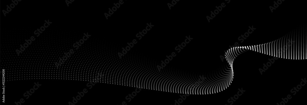 Fototapete Flowing dots particles wave pattern white light gradient smooth curve shape isolated on black background. Vector in concept of technology, science, music, modern.