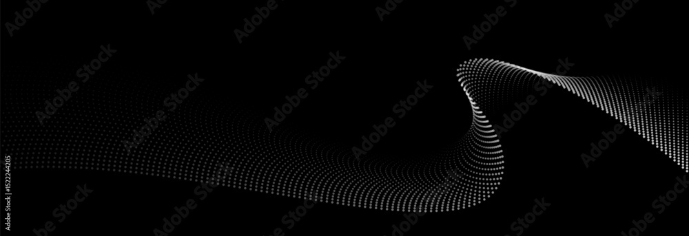 Leinwandbilder Flowing dots particles wave pattern white light gradient smooth curve shape isolated on black background. Vector in concept of technology, science, music, modern.
