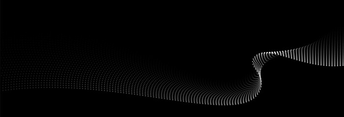 Flowing dots particles wave pattern white light gradient smooth curve shape isolated on black background. Vector in concept of technology, science, music, modern.