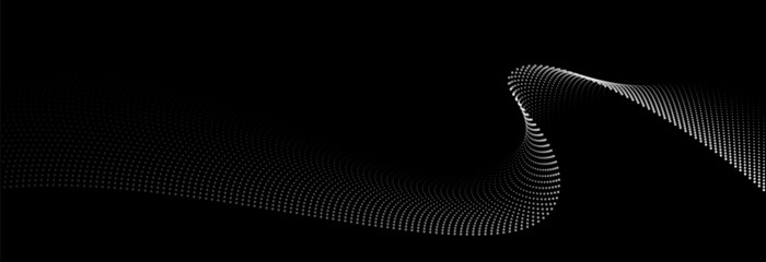 Flowing dots particles wave pattern white light gradient smooth curve shape isolated on black background. Vector in concept of technology, science, music, modern.