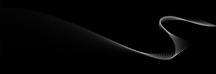 Flowing dots particles wave pattern white light gradient smooth curve shape isolated on black background. Vector in concept of technology, science, music, modern.