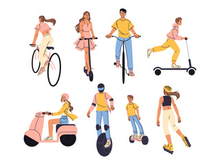 ECO urban transport. Skateboard, girl riding bicycle, man on motorcycle, teen on scooter. Young characters on bike in city. Flat child on board. Biking person. Vector cartoon isolated illustration