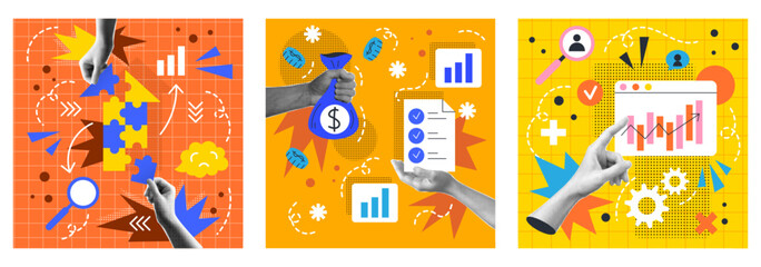 Art idea. Work startup. Modern halftone hand. Brain concept. Business innovation lightbulb. Student paper finger. Growth chart. Money investment. Vector abstract education garish collage posters set