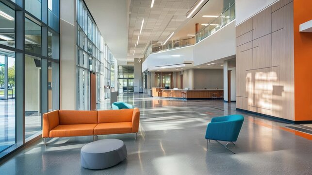Modern and Inviting Reception Area with Bright Colors and Natural Light in Contemporary Office Space Featuring Sleek Furniture and Open Design Concept
