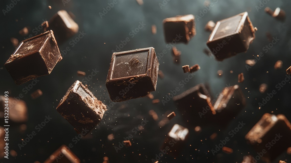 Poster floating dark chocolate cubes in a dreamy atmosphere with soft lighting and dynamic effects perfect 