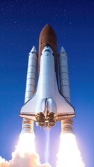 Naklejka premium A sleek space shuttle soars gracefully through fluffy white clouds, its powerful engines leaving a trail of vapor against the bright blue sky.