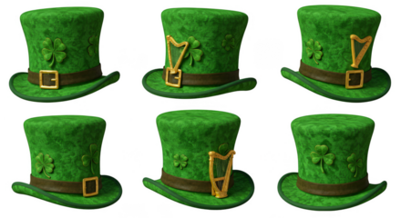 Illustration of St Patricks Day Green Hats with Clovers on Transparent Background