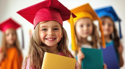 A young girl in a graduation cap and gown, holding a book, standing in front of a group of other children in similar attire.