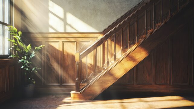Beautiful Indoor Staircase with Natural Light Streaming Through a Window, Highlighting Wooden Features and a Decorative Plant in a Cozy Atmosphere