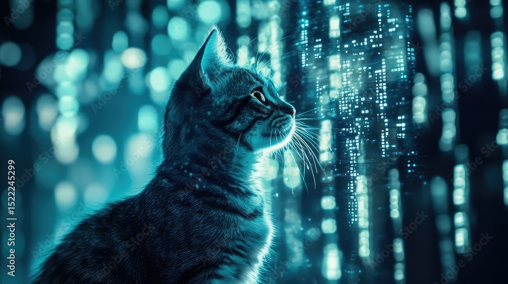 Aufkleber Enigmatic Cat Silhouette Against a Futuristic Neon Background with Abstract Light Patterns and Digital Matrix Elements Creating a Mystical Atmosphere