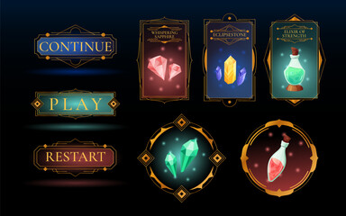 Game UI frame. Magic button. Fantasy icon. Stone interface with glowing HUD. Blue target divider Loot gemstone card. Charming reward gems. Potion bottle. Vector luxury FUI garish screen elements set