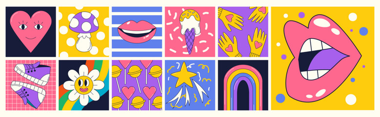 Abstract cartoon sticker. Art doodle retro design. Color shape. Comics graphic for music. Love heart smile. Daisy flower. Psychedelic labels. Woman mouth lips. Vector summer groovy garish patches set
