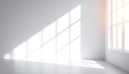 Fototapeta premium A bright, airy white room featuring expansive floor-to-ceiling windows that flood the space with warm sunlight, creating a serene and inviting atmosphere.