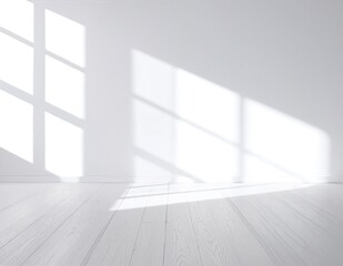Obraz premium A bright, airy white room featuring polished wooden floors, large windows that invite natural light, and minimalistic decor for a serene atmosphere.