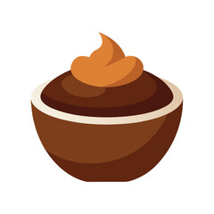 Chocolate pudding dessert in a brown bowl with a swirl of caramel