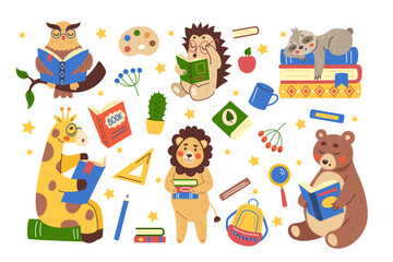 Animals study. Cartoon characters. Textbook for education. Jungle and forest mammals read books in school. Childish drawing. Pet kids learning in library. Student backpack. Vector tidy illustration