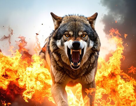A majestic wolf dashes through vibrant flames, its fur illuminated by the flickering firelight, embodying both grace and fierce determination amidst chaos.