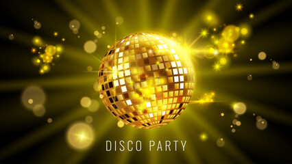 Disco poster. Flyer party. Dance design background. Summer music. DJ discotheque. Fun color vibes. Sensation at weekend. Bokeh light glowing. Sphere bright gleam. Vector happy banner design template