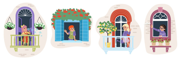 Child in window. Neighborhood safe. Kid looks out of balcony day. Neighbors talk. Cartoon home open glass casements. Baby watering plants in house. Children communication. Vector comic illustration