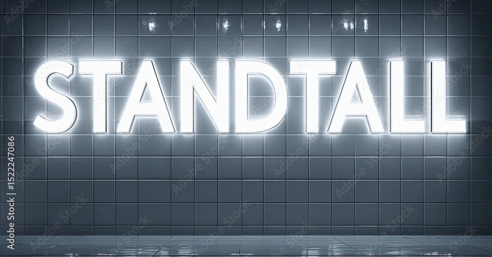 Poster Bright illuminated STANDTALL text dominates tiled wall. Dark background creates strong contrast, simple presentation. Minimalist design.