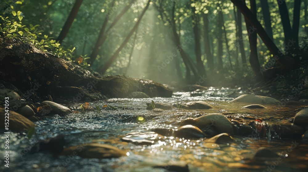 Aufkleber serene stream flowing through lush forest with gentle light breaking through canopy, creating a tran