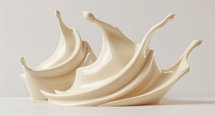 Three Creamy Beige Liquid Splash Shapes in Triangular Layout on White Background with Fluid Motion