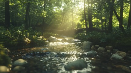Enchanting Forest Scene with Gentle Stream Flowing Through Sunlit Clearing Surrounded by Lush Green Foliage and Majestic Trees Near Calm Waters