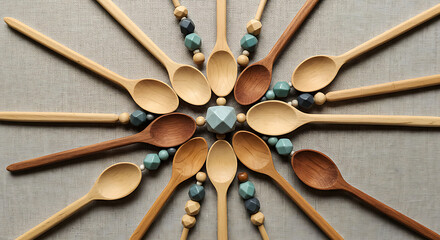 Wooden spoons arranged in circular pattern on fabric background  