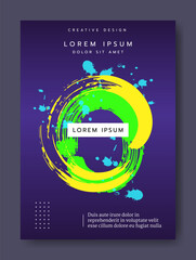 Colorful poster. Paint drawing green element. Creative vertical banner. Trendy brochure, flyer or notebook cover design. Frame with copy space. Contemporary abstract background. Vector illustration