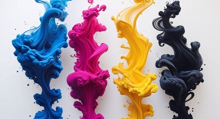 Vibrant Abstract Digital Artwork with Four Colored Ink Plumes in Blue Magenta Yellow and Black on White