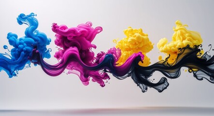 Vibrant Abstract Digital Artwork with Four Colored Ink Plumes in Blue Magenta Yellow and Black on White