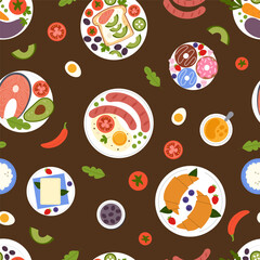 Food seamless pattern. Different breakfast and dinner on plates. Kitchen product. Decor textile, wrapping paper, wallpaper. Culinary print for fabric. Vector cartoon flat style isolated illustration
