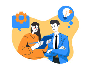 Business people. Businesswoman and man colleague communication. Manager and employee. Speech bubble and idea lamp. Startup and marketing banner vector cartoon flat style isolated teamwork illustration