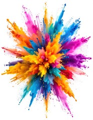 A vibrant and dynamic explosion of multicolored paint splatters, showcasing a mix of bright hues like red, blue, yellow, and green against a transparent background.